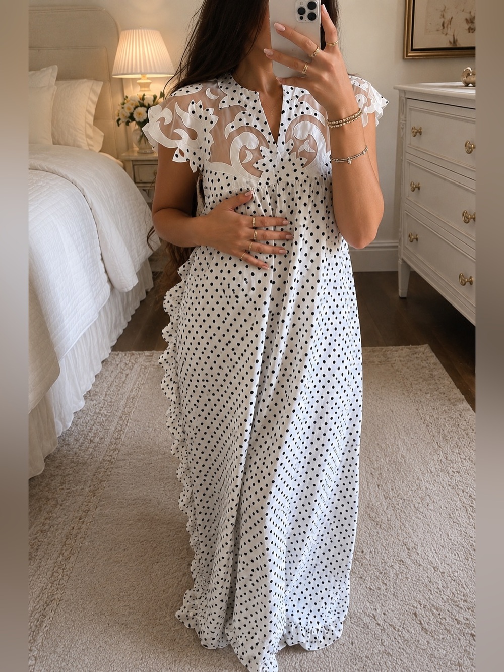 Rare Vintage Satin White Polka Dot Maxi Dress with Sheer Embroidered Yoke #074
